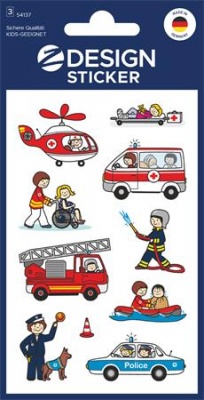 Matrica, papír,  3 ív, 76x120 mm, AVERY ZWECKFORM, "Z-Design No.54137", mentősök, rendőrök, tűzoltók